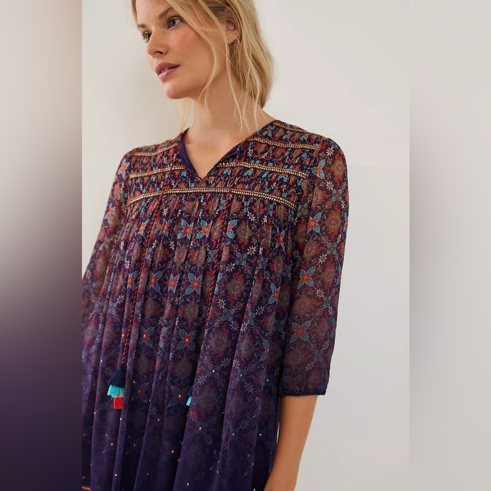 ANTHROPOLOGIE- Tanvi Kedia Corinna Tunic Dress Boho Beaded Tassel Mini - Picture 5 of 16